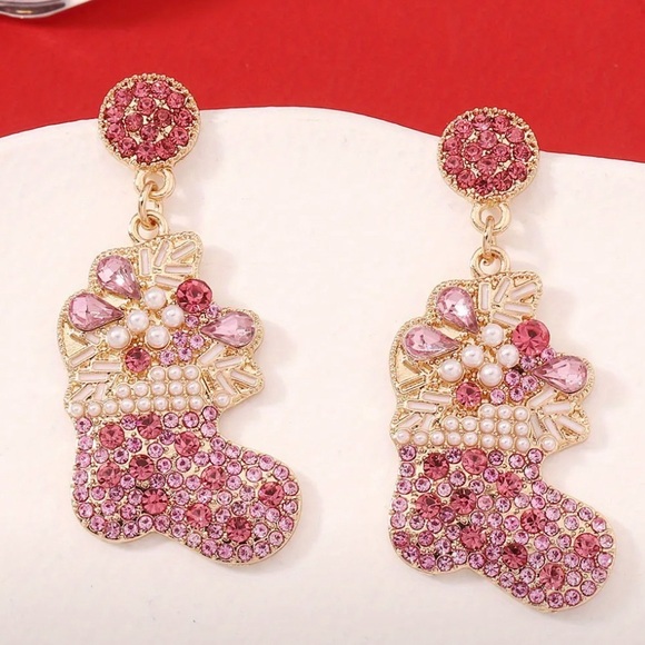 blank Jewelry - Christmas Stocking Holiday Rhinestone Pink Bling Earrings - Party Gift Fancy